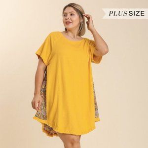 Umgee Plus Size Mango Mixed Print Short Folded Sleeves Back Tiered Mini Dress